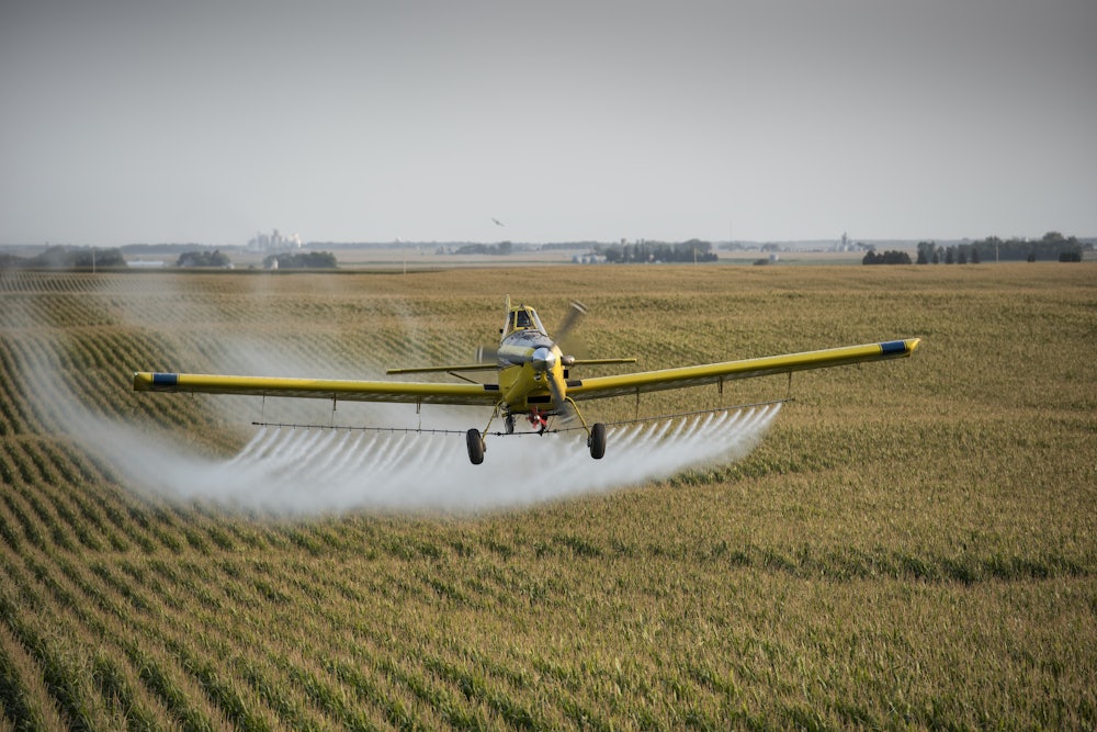 A crop duster flies over corn fields, trailing plumes of an unknown substance.