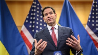Secretary of State Marco Rubio gestures and speaks during a press conference in Geneva