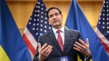 Secretary of State Marco Rubio gestures and speaks during a press conference in Geneva