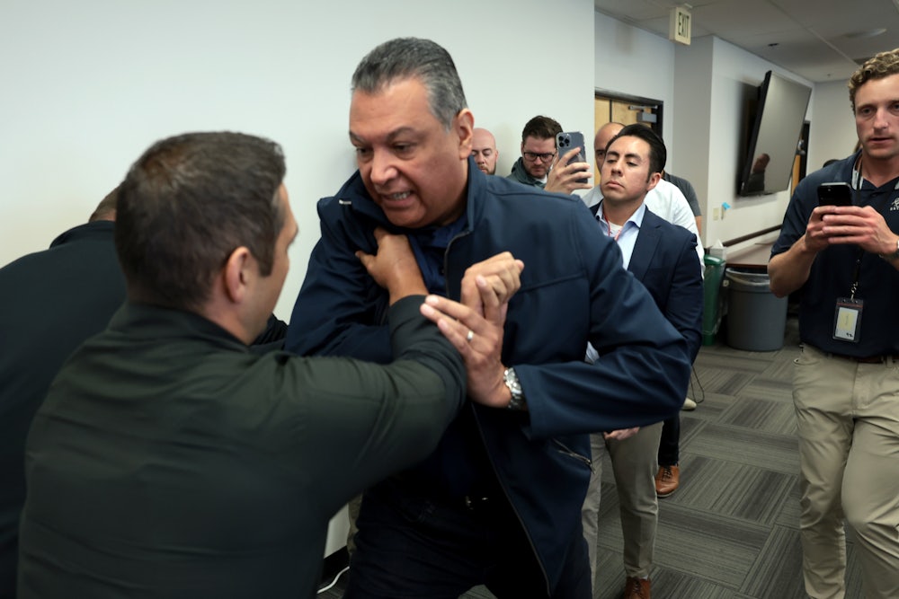 California Democratic Senator Alex Padilla disrupts a press conference led by Homeland Security Secretary Kristi Noem