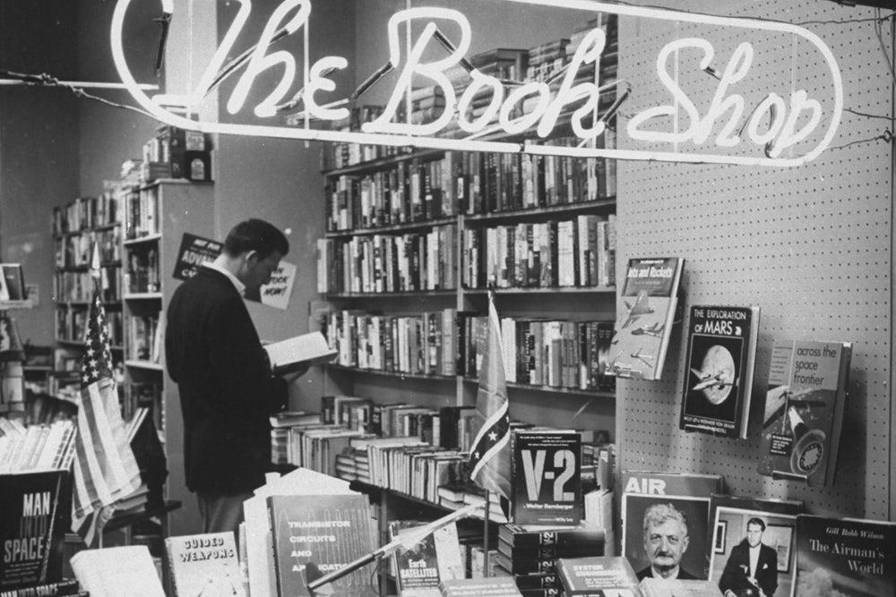 view through the front window of a book store