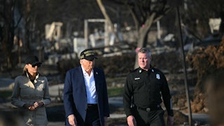 Donald Trump, Melania Trump, and an unnamed official walk through scorched streets.