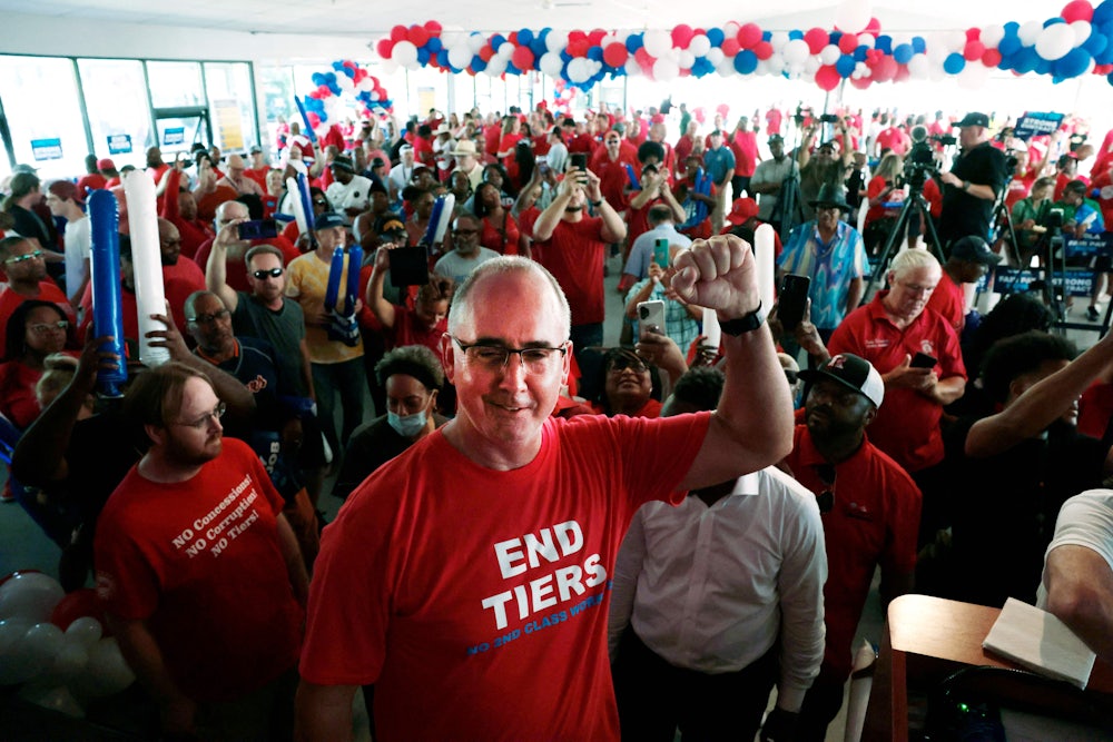 United Automobile Workers President Shawn Fain at a rally in Warren, Michigan