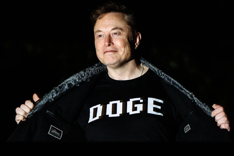 Elon Musk holds open his jacket to reveal a shirt that says "DOGE"