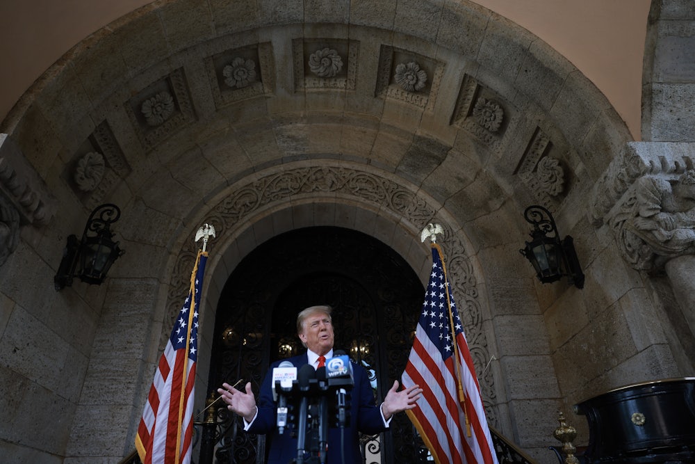 Former President Donald Trump speaks at his Mar-a-Lago estate as the Supreme Court hears oral arguments over Trump’s ballot eligibility under the 14th Amendment.