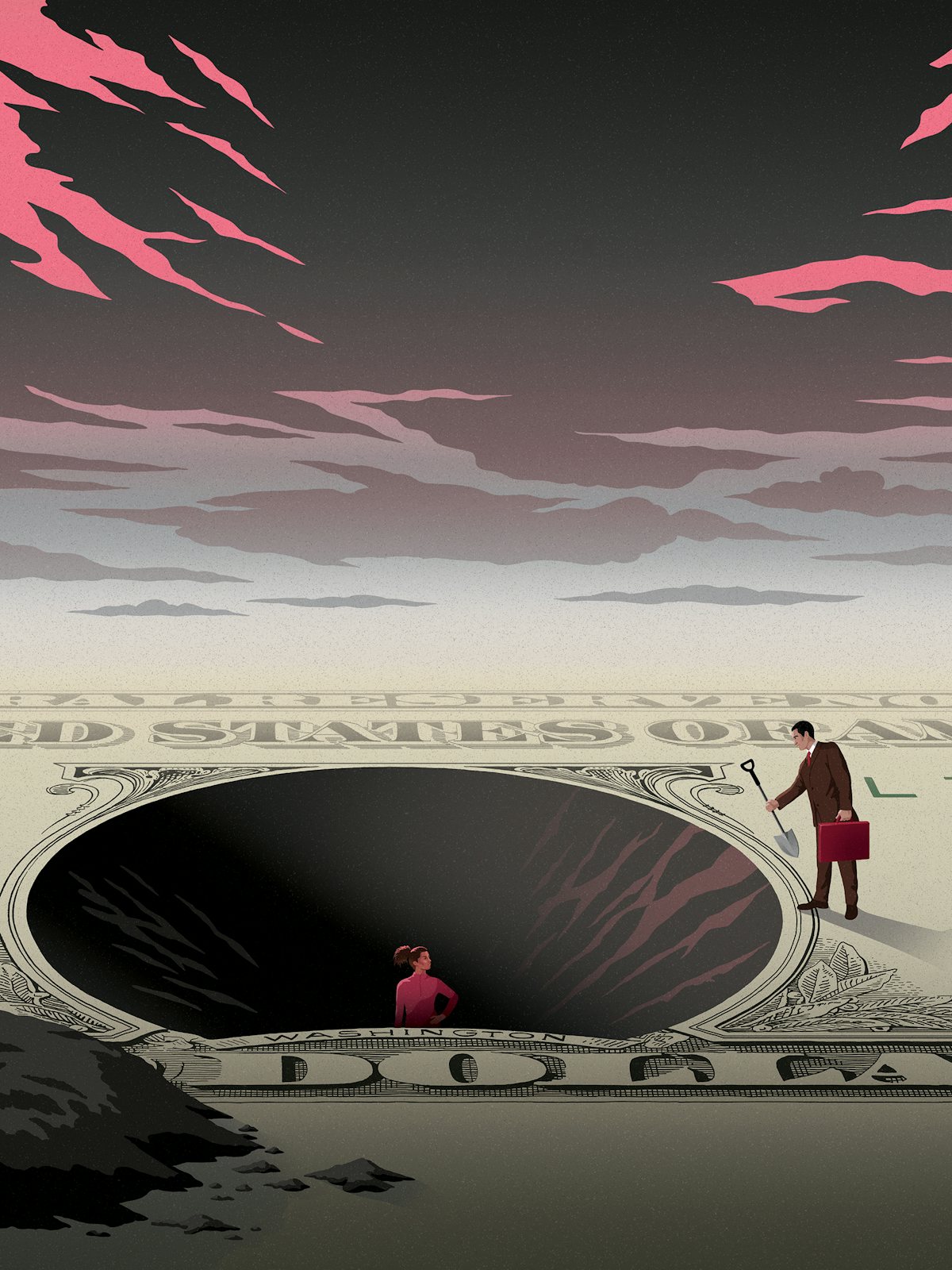 A woman has dug herself a deep financial hole, and the credit repair specialist hands her a shovel