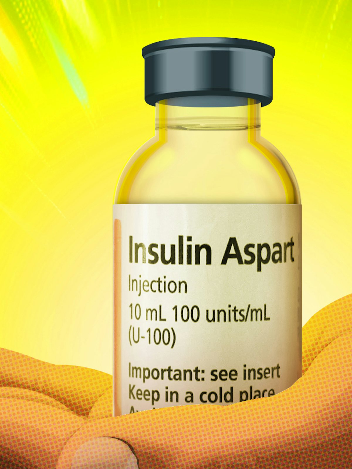 An illustration of a bright, glowing, heroic bottle of insulin