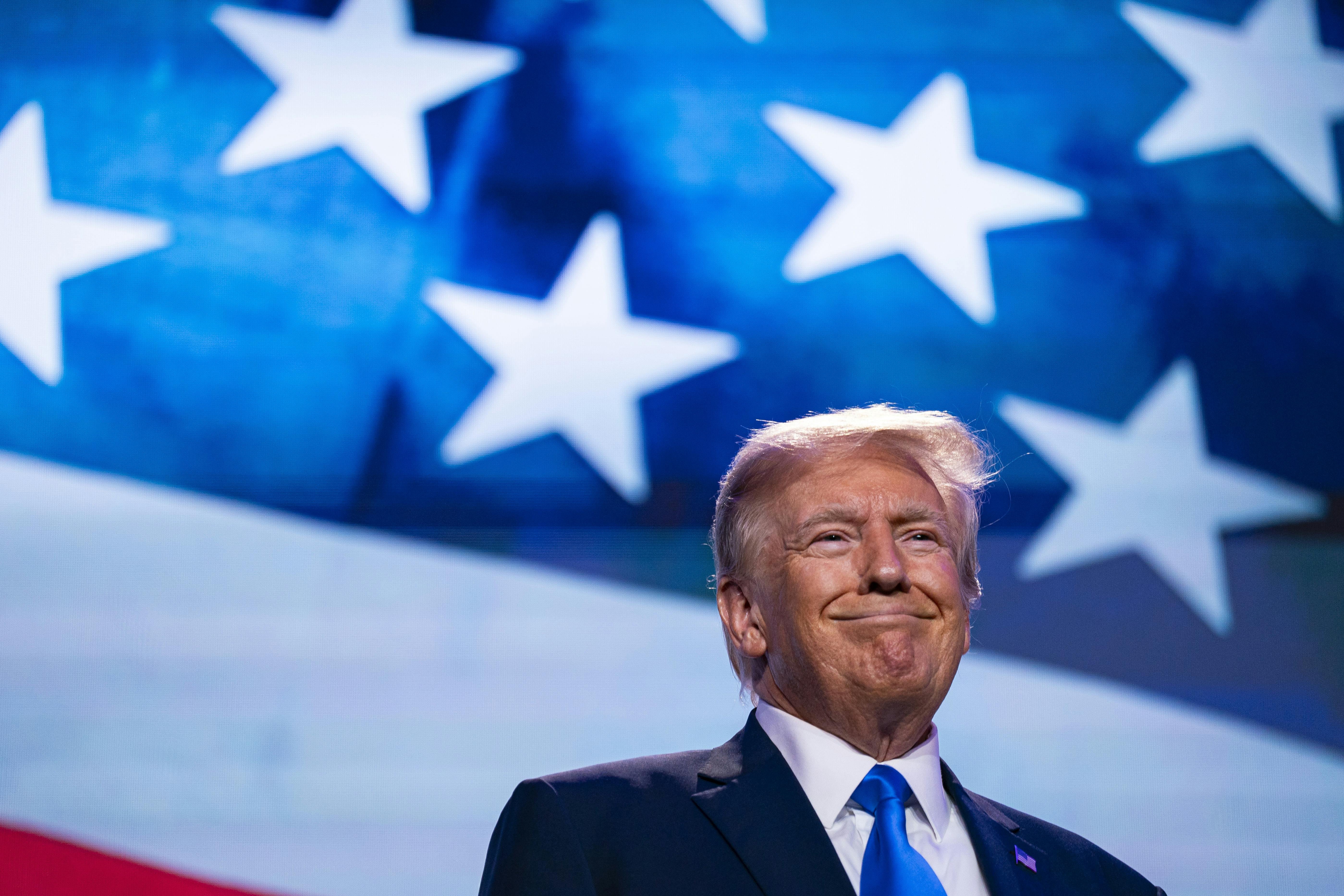 Donald Trump smiling at the Family Values Summit in September of 2023. 