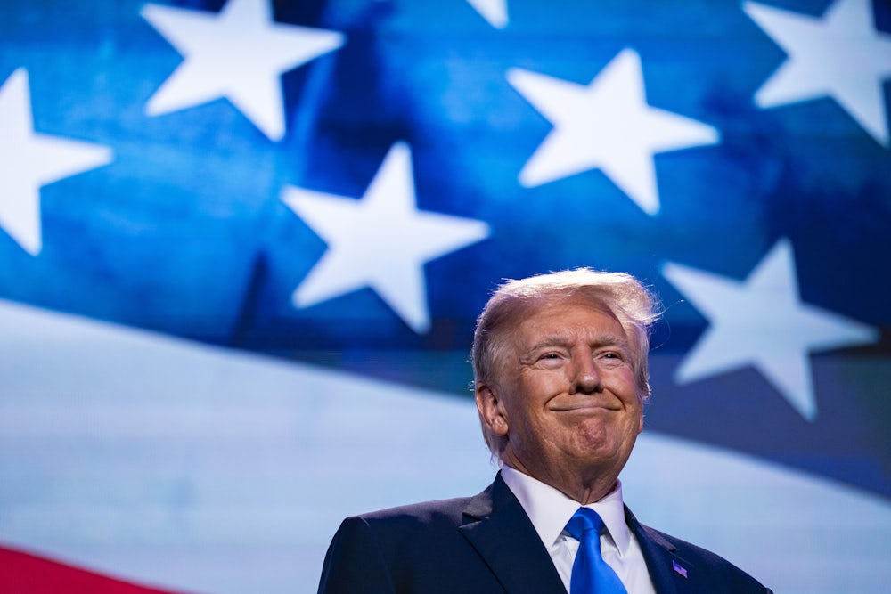 Donald Trump smiling at the Family Values Summit in September of 2023.