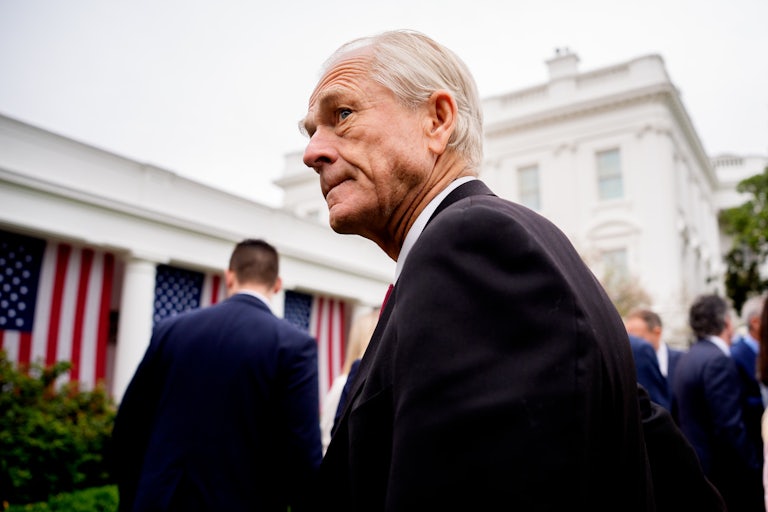 Donald Trump’s trade adviser Peter Navarro stands in the White House Rose Garden after a press conference on tariffs