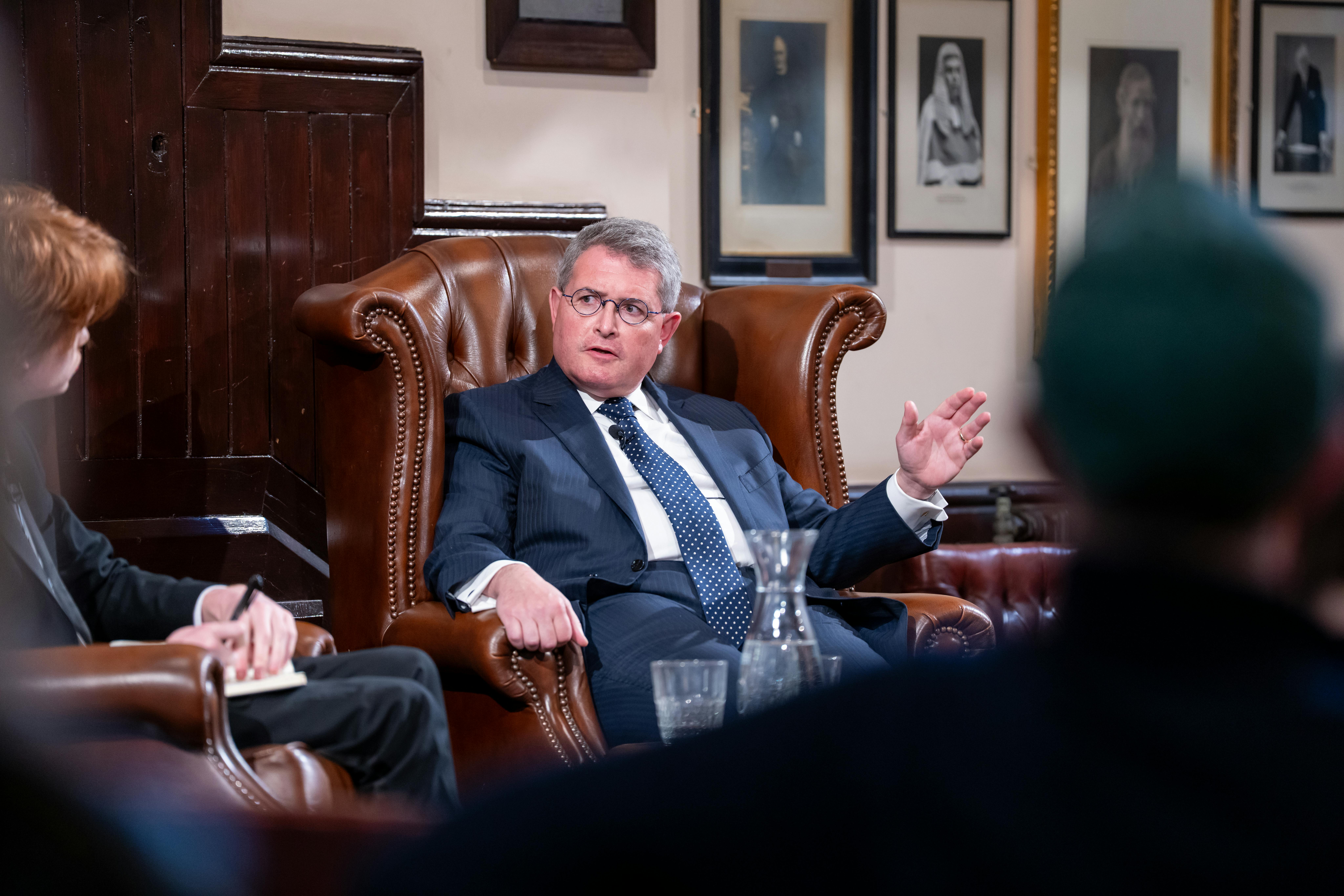 Leonard Leo, co-chairman of the Federalist Society board of directors, speaks at The Cambridge Union on March 11, 2025.