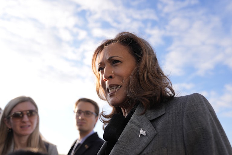 Kamala Harris speaks to reporters