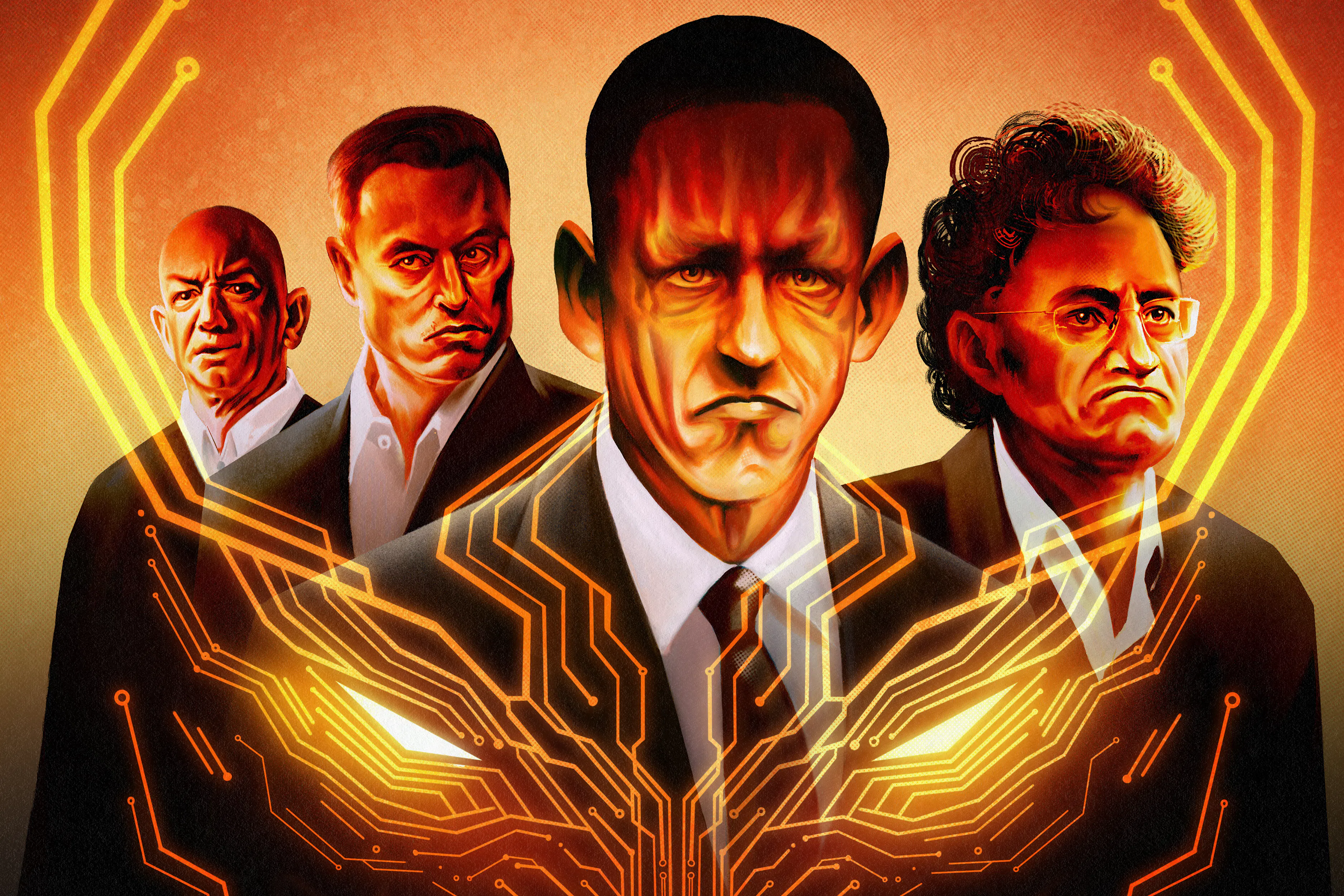 illustration of Peter Thiel, Elon Musk, Jeff Bezos, and Palantir’s Alex Karp in evil red tones and lighting with circuit-board patterns forming a demon face. 