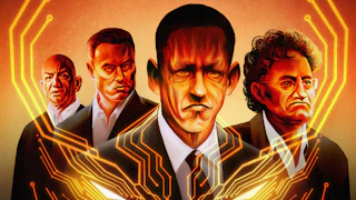 illustration of Peter Thiel, Elon Musk, Jeff Bezos, and Palantir’s Alex Karp in evil red tones and lighting with circuit-board patterns forming a demon face.
