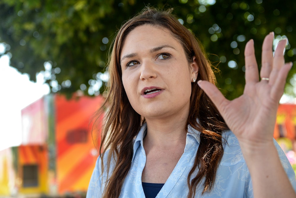 Former Iowa Representative Abby Finkenauer speaks during an interview at the Iowa State Fair in 2019.