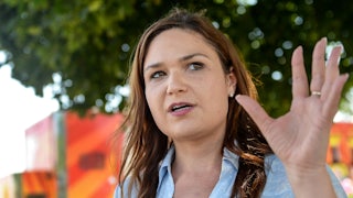 Former Iowa Representative Abby Finkenauer speaks during an interview at the Iowa State Fair in 2019.