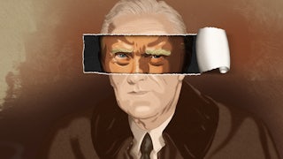 An illustrated portrait of Franklin D. Roosevelt with the eyes torn away revealing Donald Trumps eyes