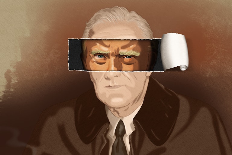 An illustrated portrait of Franklin D. Roosevelt with the eyes torn away revealing Donald Trumps eyes