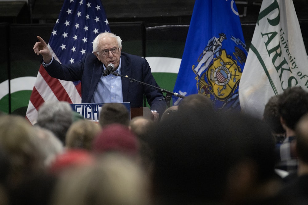 Bernie Sanders speaks to a capacity crowd during his "Fighting Oligarchy" tour at UW-Parkside in Kenosha, Wisconsin.