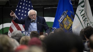 Bernie Sanders speaks to a capacity crowd during his "Fighting Oligarchy" tour at UW-Parkside in Kenosha, Wisconsin.