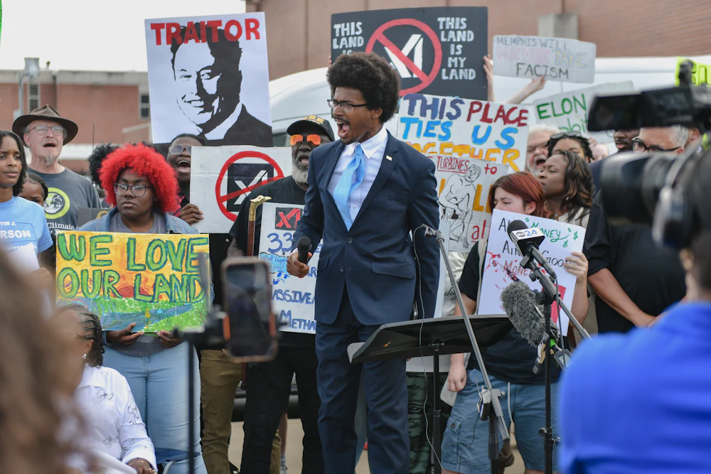 Tennessee state representative Justin Pearson speaking at a protest