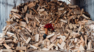A child in boots and a plaid jacket climbs on an enormous pile of split wood in a partially open shelter.