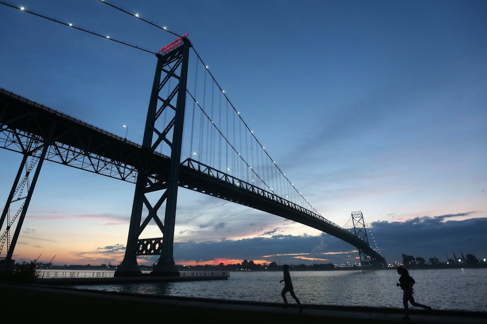 The existing Ambassador Bridge connecting Michigan to Ontario. The new Windsor to Detroit Bridge, named the Gordie Howe Bridge will be built down river from the Ambassador Bridge.