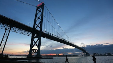 The existing Ambassador Bridge connecting Michigan to Ontario. The new Windsor to Detroit Bridge, named the Gordie Howe Bridge will be built down river from the Ambassador Bridge.