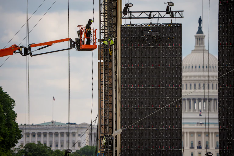 Workers build Freedom 250’s “Great American State Fair” infrastructure near the Capitol