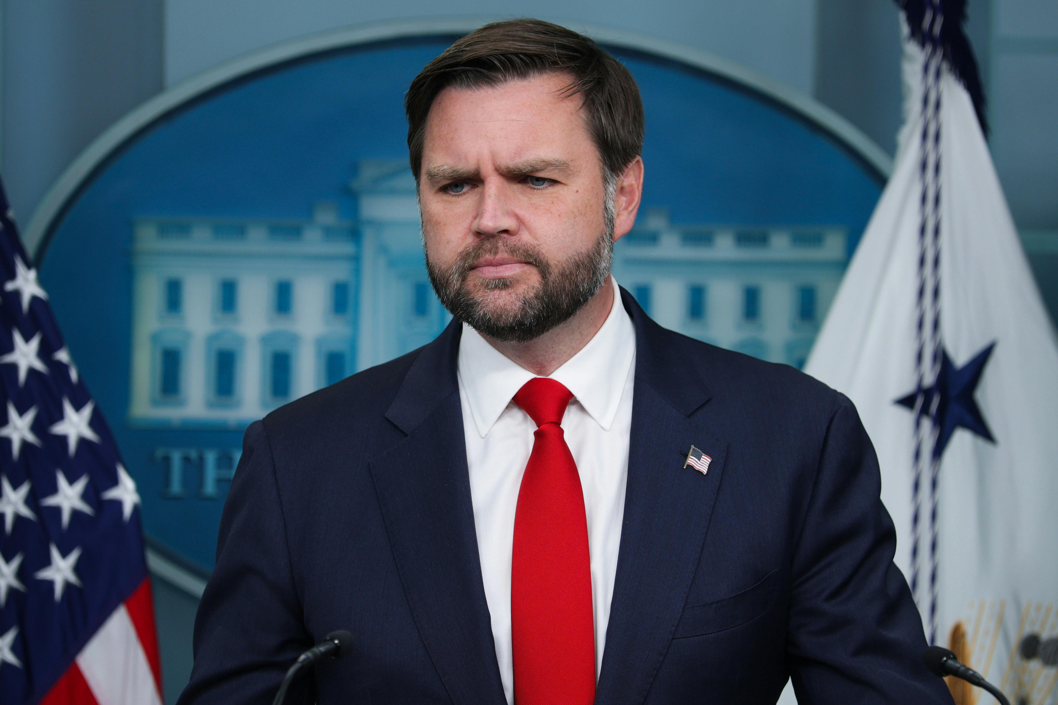 JD Vance speaks in the White House press briefing room.