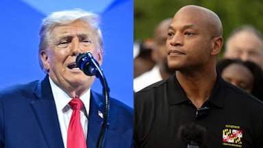 Splitscreen of Donald Trump and Wes Moore