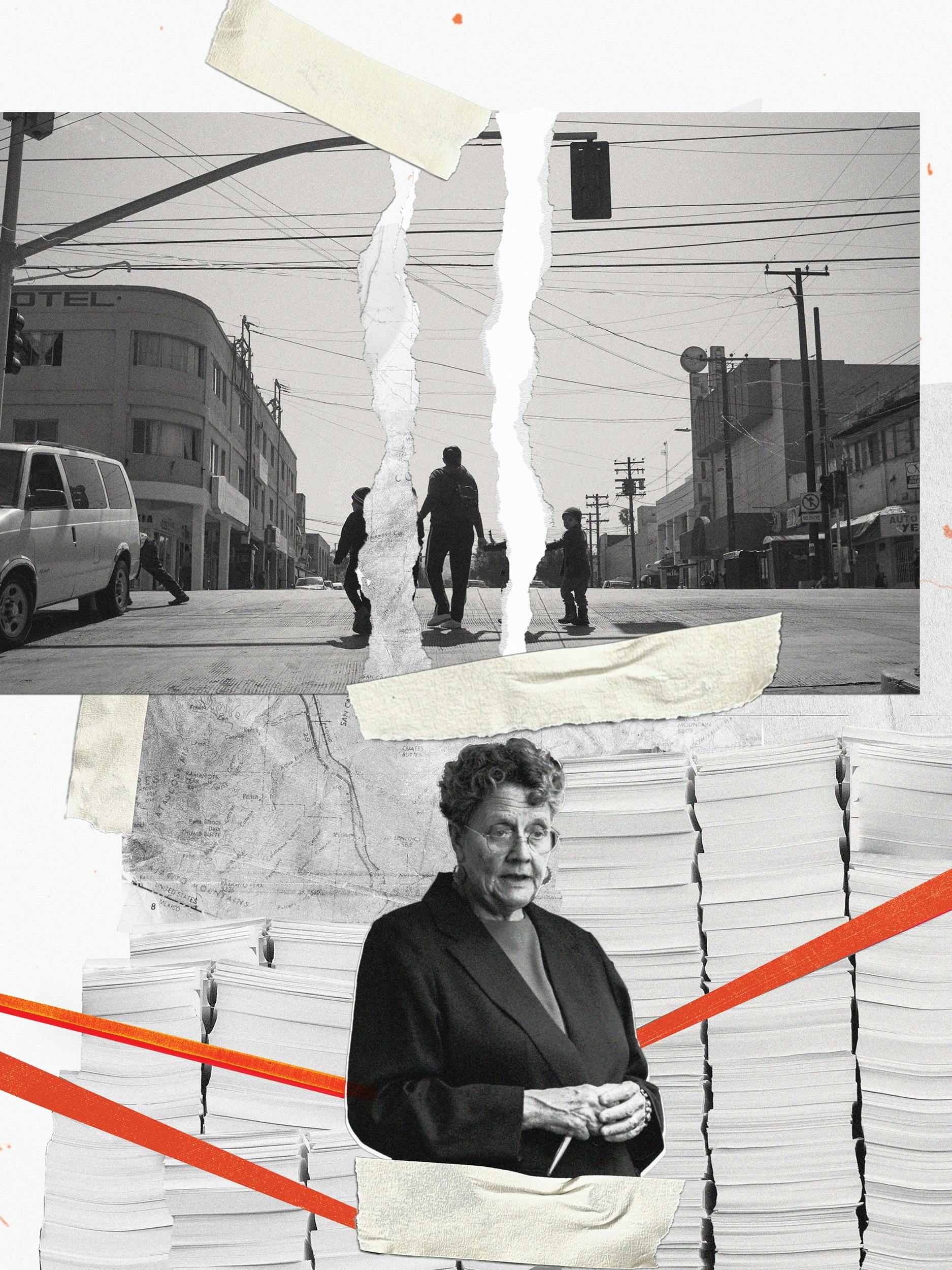 A photo illustration of Tucson immigration lawyer Margo Cowan, stacks of paper, and a family on a street 