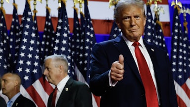 Donald Trump smiles and gives a thumbs up to the camera after winning the 2024 election