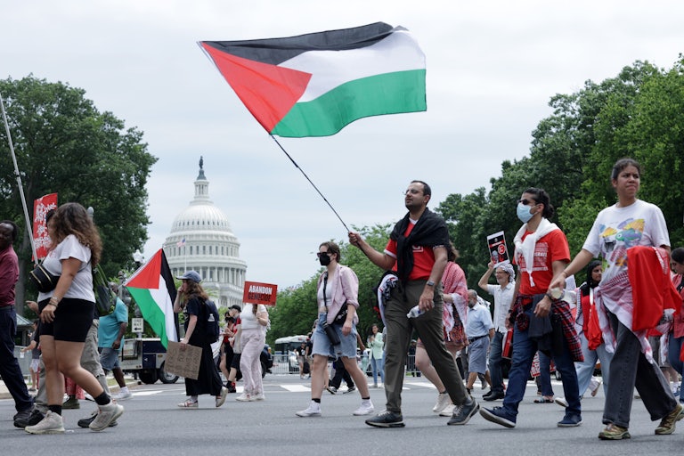 Pro-Palestinian protesters march near the Capitol in Washington, D.C. One waves a large Palestinian flag.
