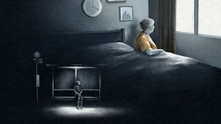 An illustration of an elderly woman in bed, with an inset of a person waiting at a bus stop