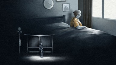 An illustration of an elderly woman in bed, with an inset of a person waiting at a bus stop