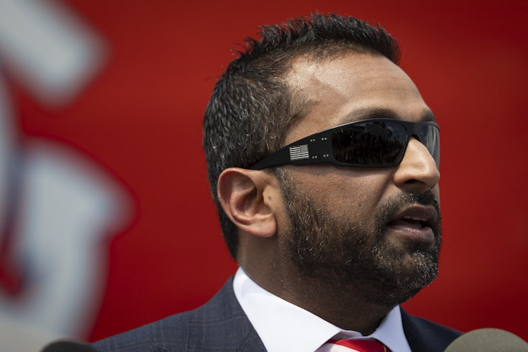 FBI Director Kash Patel wears wraparound sunglasses and speaks