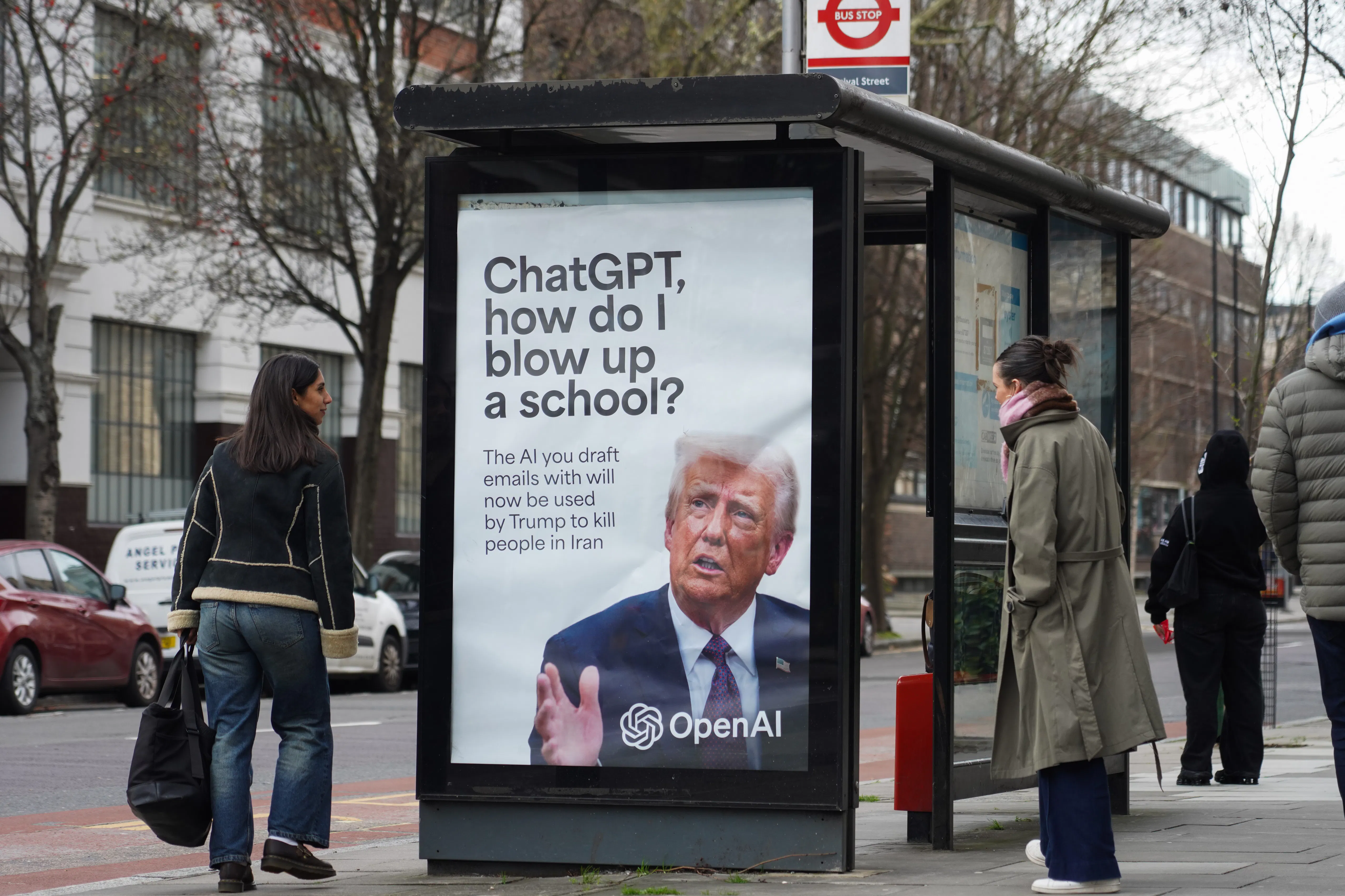 A parody advertisement with Donald Trump asking how to blow up a school referring to Open AI / ChatGPT.
