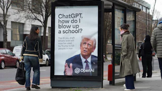 A parody advertisement with Donald Trump asking how to blow up a school referring to Open AI / ChatGPT.