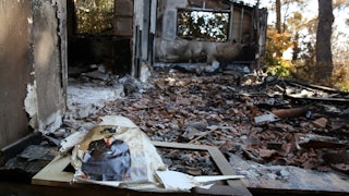 A print of the famous painting of a man with an apple in front of his face lies amid the ruins of a burned house.