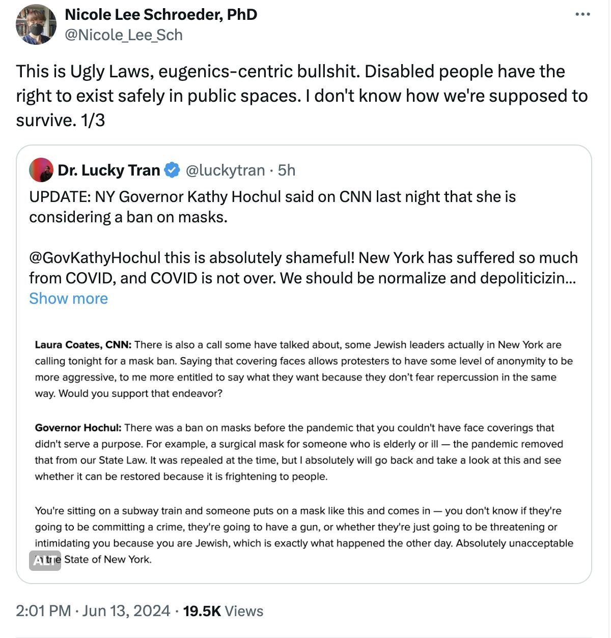 Tweet screenshot Nicole Lee Schroeder, PhD: This is Ugly Laws, eugenics-centric bullshit. Disabled people have the right to exist safely in public spaces. I don't know how we're supposed to survive. 1/3