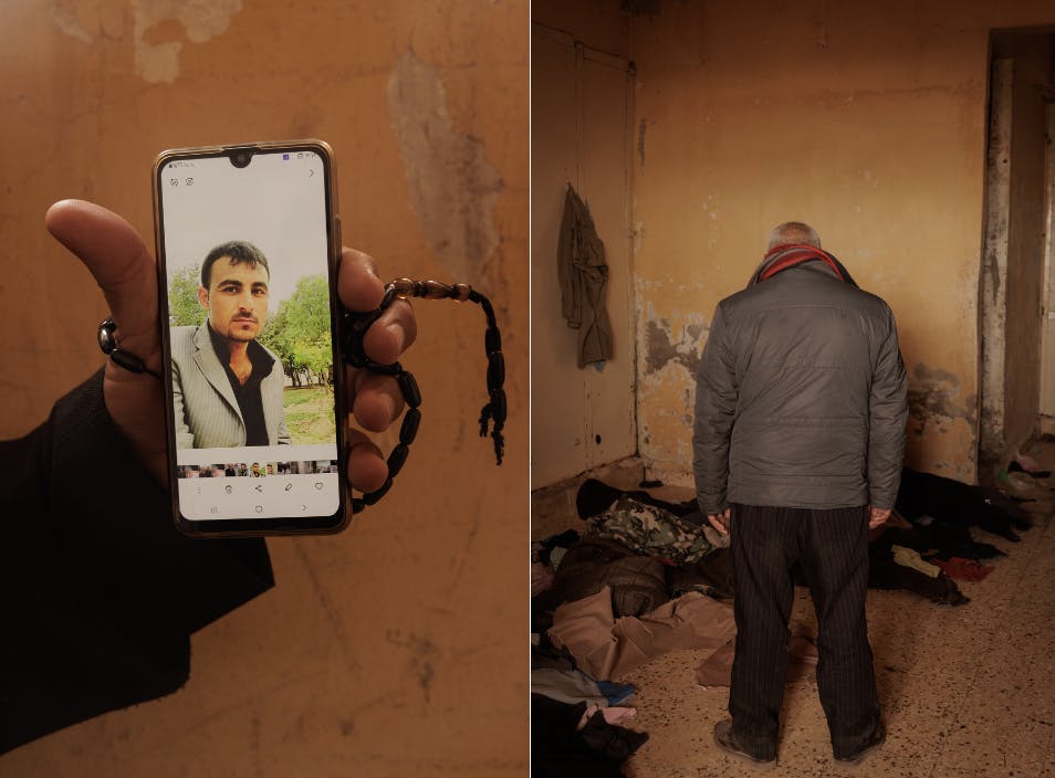 Left: Ahmed Al Malali, age 67, holds a phone with a picture of his nephew, Saleh Hadeed Al Malali, age 44. Saleh was accused of terrorism and sent to prison in 2014. Right: Berkhawi Khalaf Al Hamed, age 62, stands for a picture in Sednaya Prison. He visited the prison looking for information about his son Fadhel Berkhawi Al Hamed, born in 1985 in Al Kamishli, who was sent to prison in 2018. "In 2020, I was waiting for a supposed pardon that Bashar Al Assad was going to give to some prisoners. The pardon never arrived," he said. "I couldn't afford the 20 million Syrian pounds they were asking for to visit him [in prison]." Many relatives said their imprisoned family members requested they avoid visiting the prison, because they were often beaten and heavily mistreated after family visits.