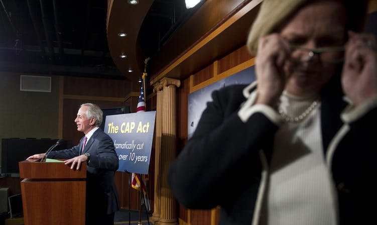 Missouri Senator Claire McCaskill photobombs Tennessee Republican Bob Corker in a rare foreground photobomb. (Scott Ferrell/CQ-Roll Call Group)