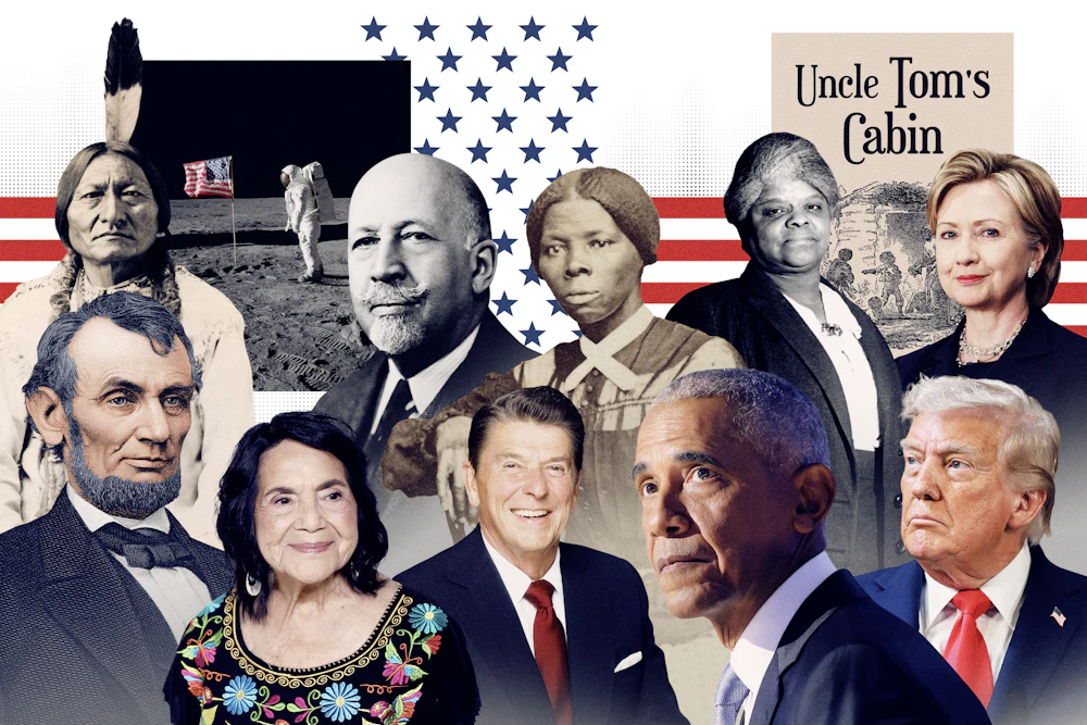 A collage of various important figures from the history of the United State's 250 years of existence
