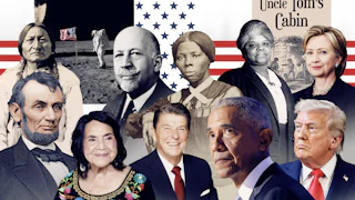 A collage of various important figures from the history of the United State's 250 years of existence
