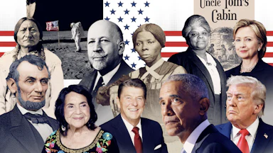 A collage of various important figures from the history of the United State's 250 years of existence