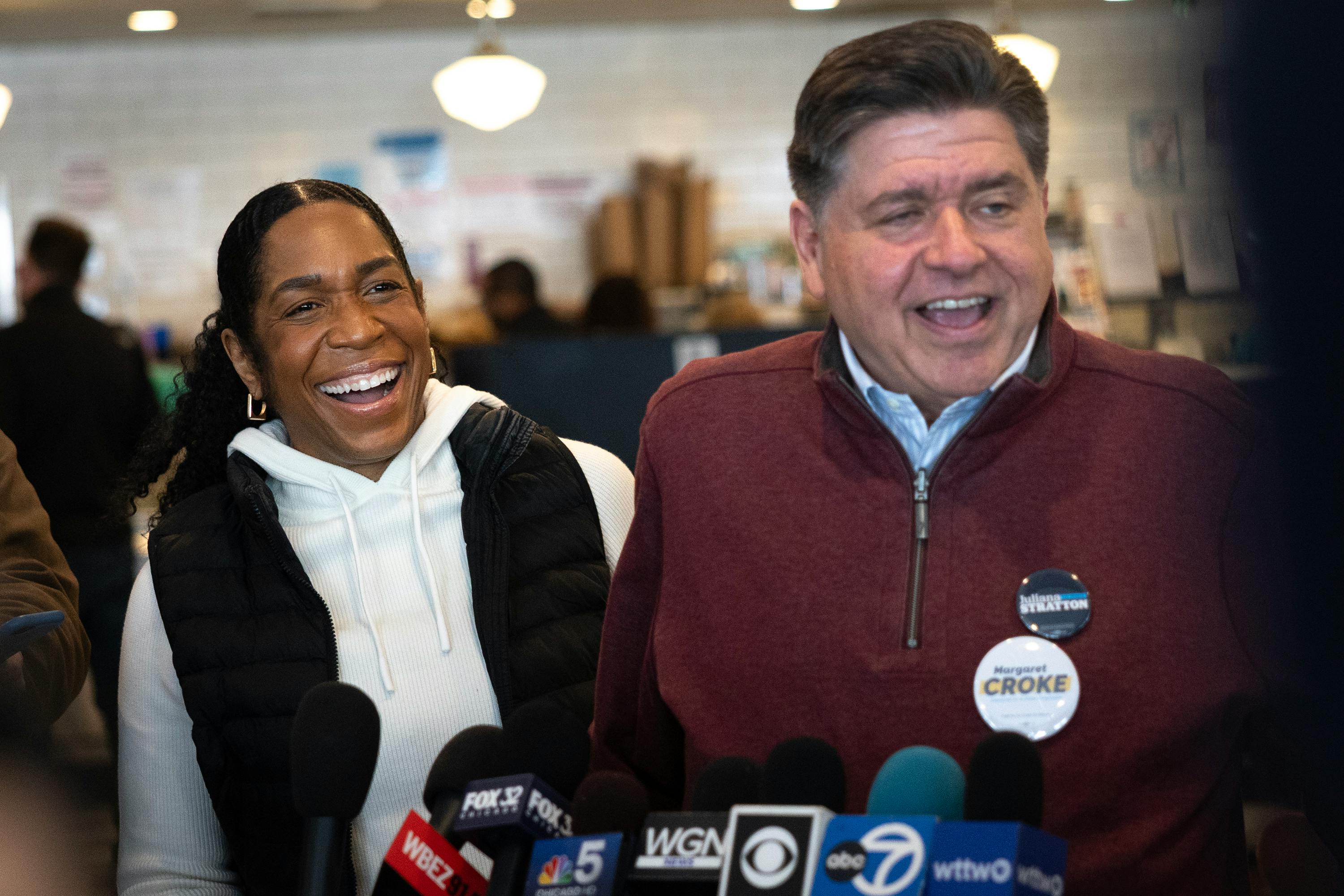Juliana Stratton and J.B. Pritzker at an event 
