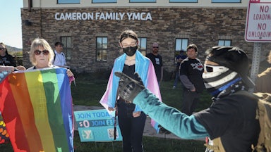 LGBTQ rights activists face off against anti-trans protesters 