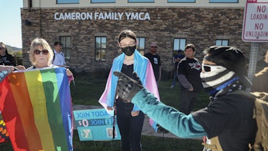 LGBTQ rights activists face off against anti-trans protesters