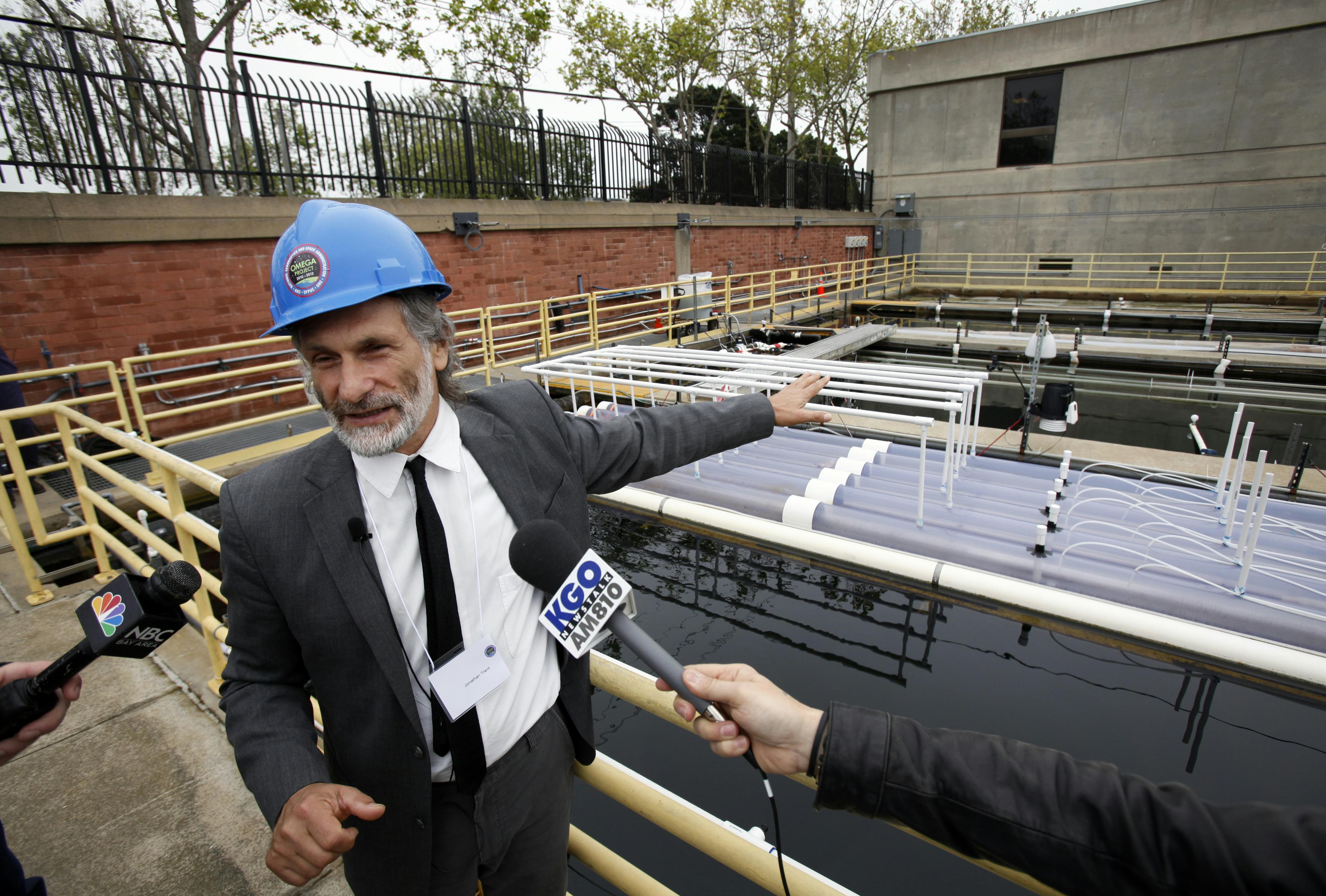 Algae at the wastewater biofuel system at the San Francisco Public Utilities Commission's Southeast Water Pollution Control Plant (shown here in 2012) capture carbon dioxide and produce biofuel.